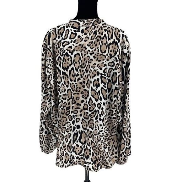 Chico's Womens Animal Print Button Front Tie Neck Long Sleeve Blouse Tan Black 3 - Picture 5 of 10